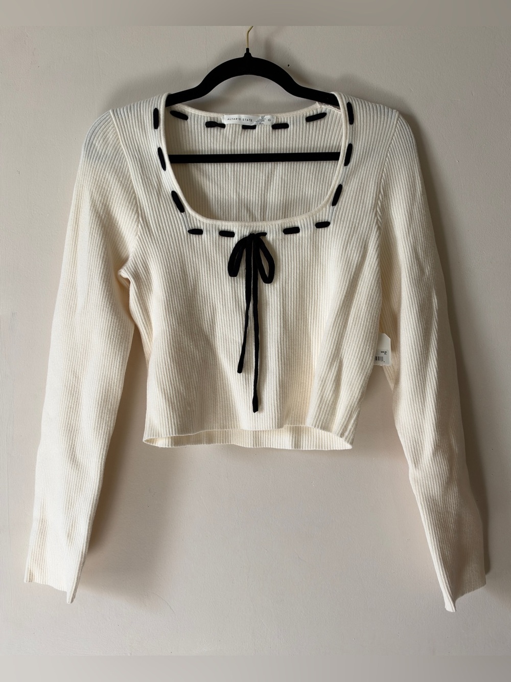 NWT Altar'd State Cream Ribbed Square Neck Bow Sweater Black Ribbon Trim XL